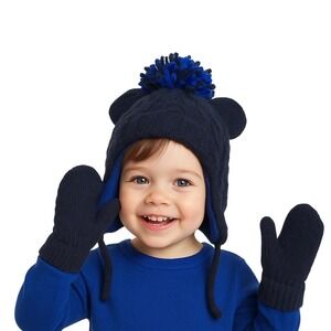 Cat &‎ Jack Hat 0-6M Blue Pom Pom Knit Earflap Chinstrap Mittens Cozy Winter NEW